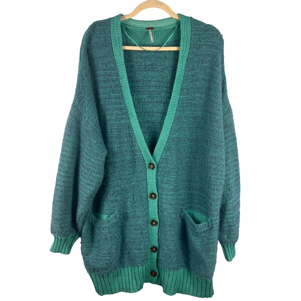 Free People Snow Drop Cardigan Slouchy Oversized Grandpa Sweater Size M Blue - Picture 4 of 15